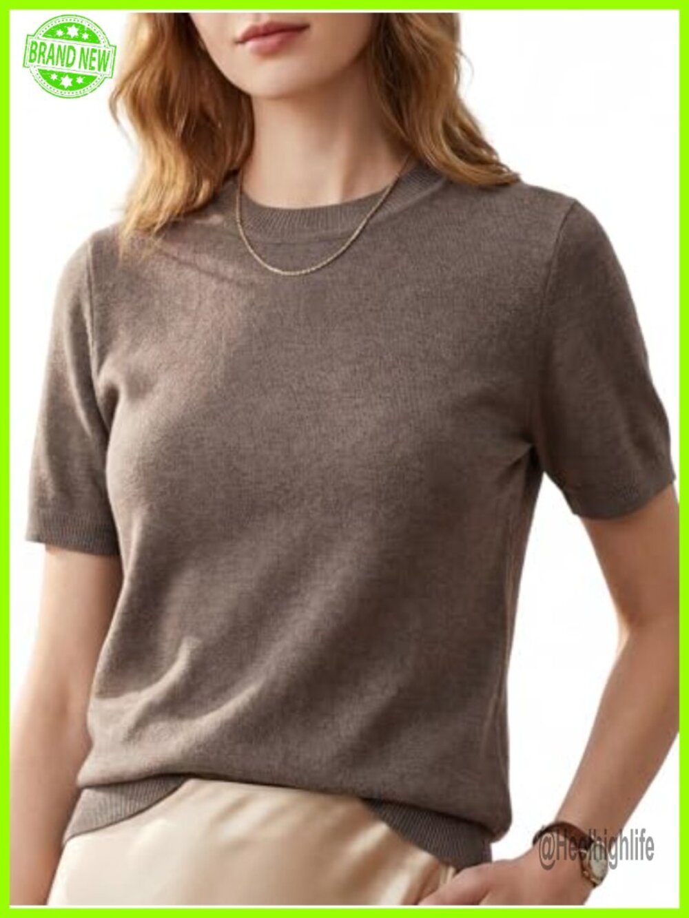 Wool Blend Short Sleeve Sweater Top Crewneck Knit Pullover Business Casual